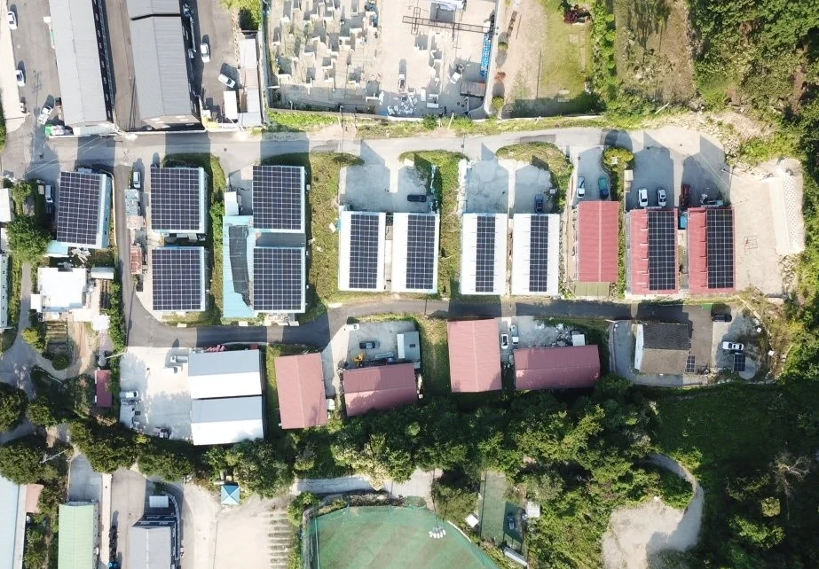 Aerial view of residential rooftop solar applications